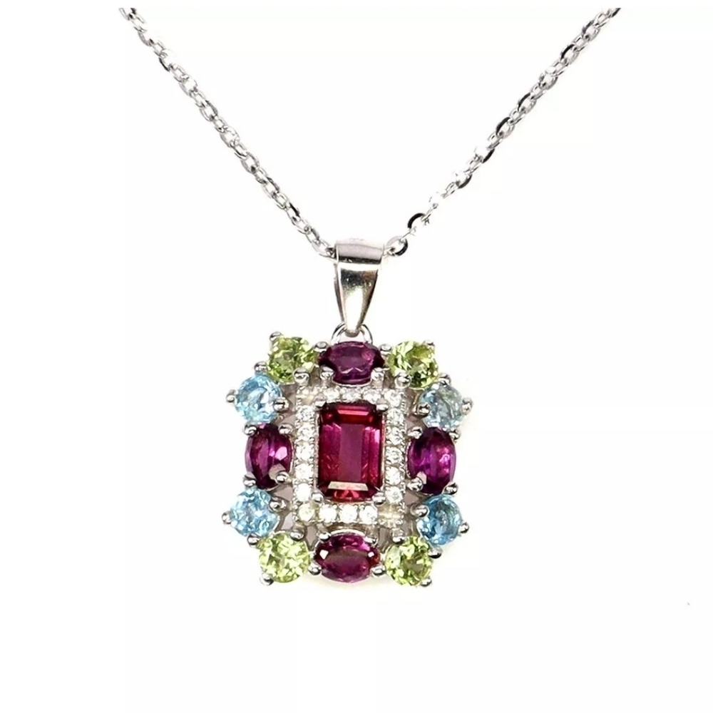 14k WG over 925 Sterling Silver Necklace Octagon Garnet Topaz Pendant Gemstone